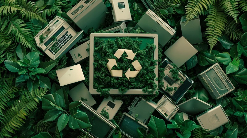 Close-up of recycled electronic circuit boards and components in a clean tech environment